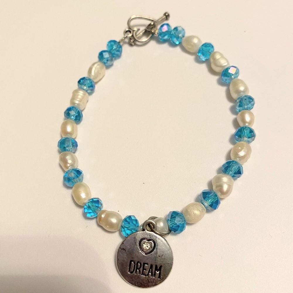 Pearl and Blue Beaded Bracelet with Dream Pendant